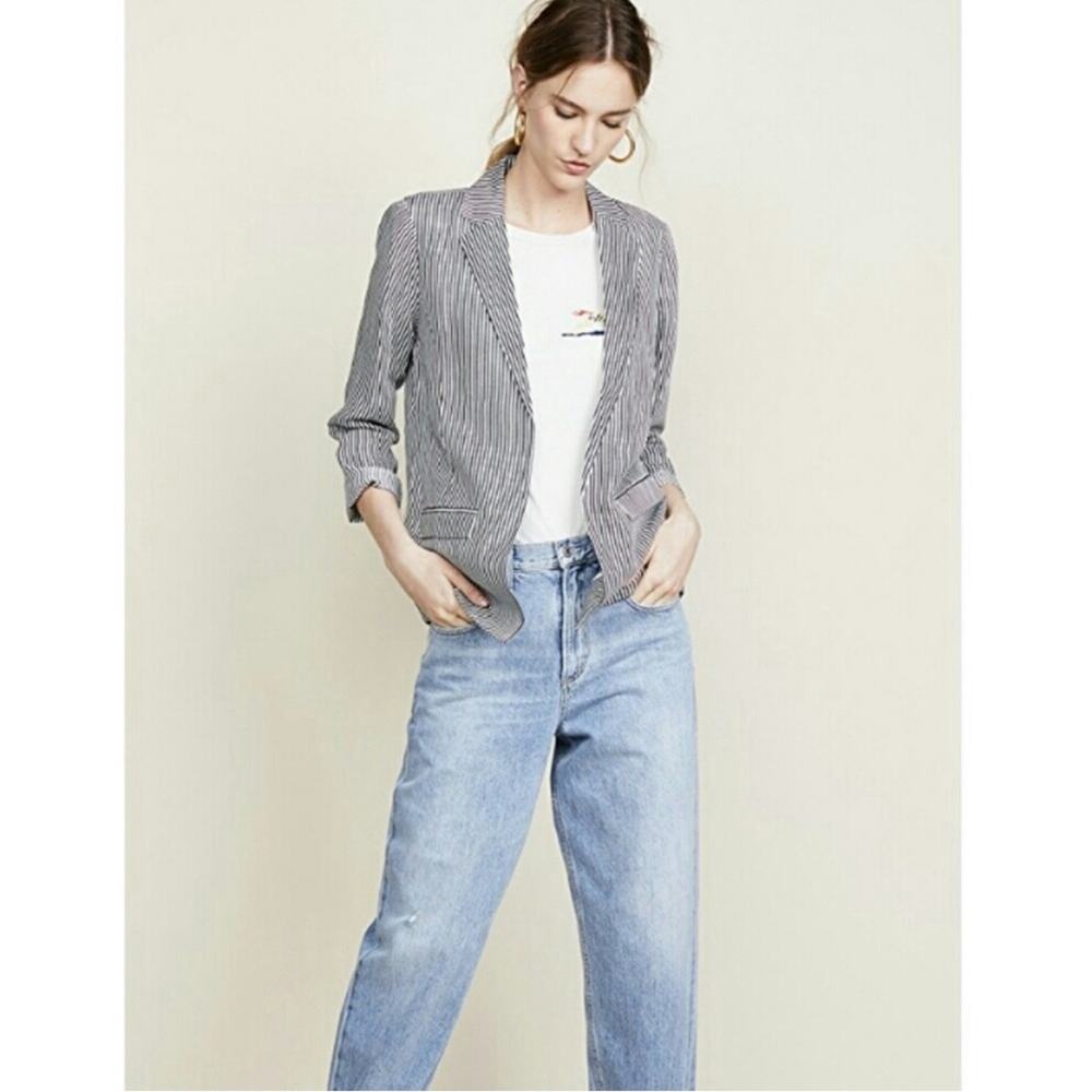 Cupcakes and Cashmere Dove Blazer Boyfriend Striped Oversized Medium Linen Blend - Picture 2 of 14